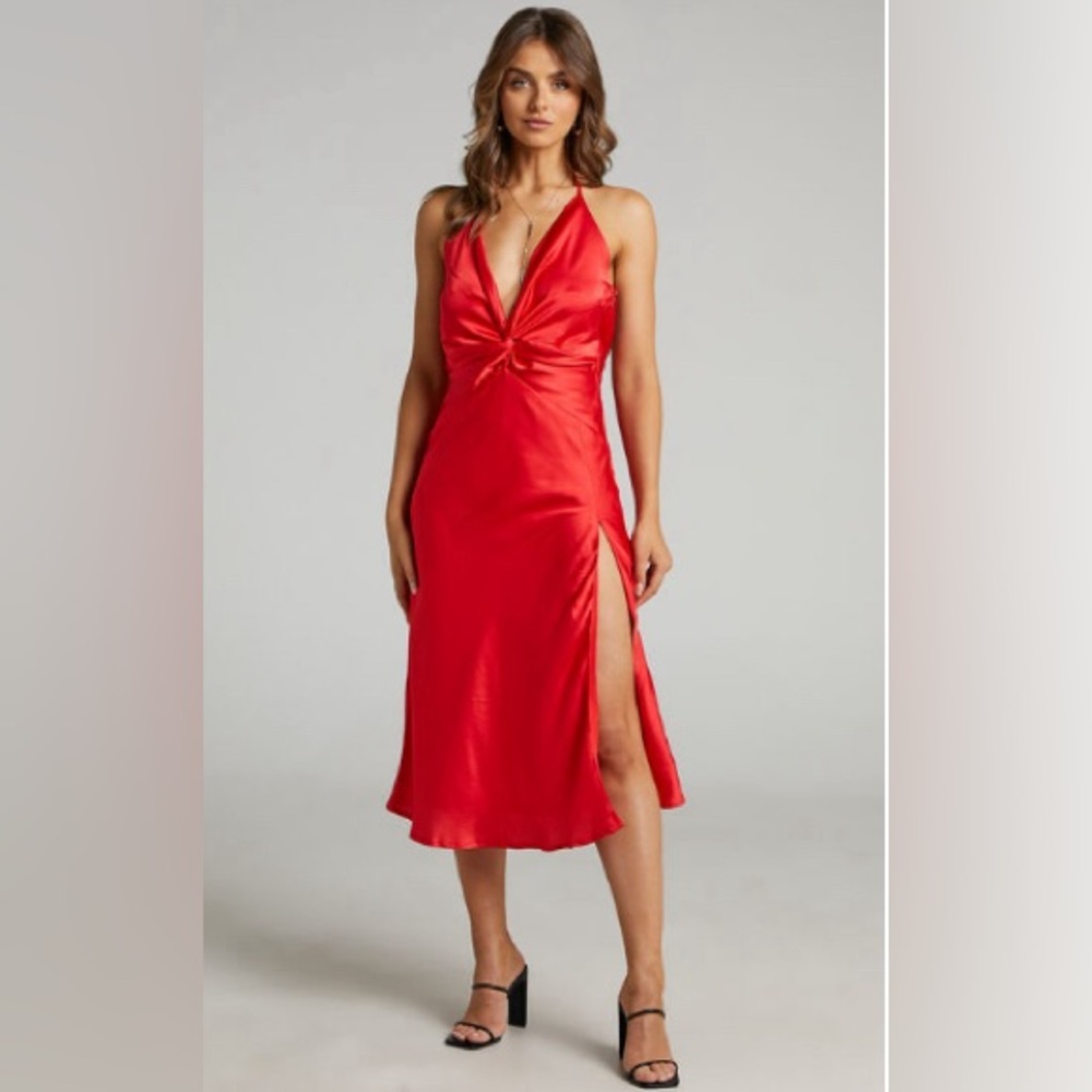 Red satin midi dress